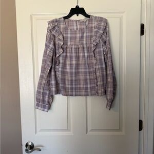 LOFT Lavender Plaid Ruffle-Trim Blouse